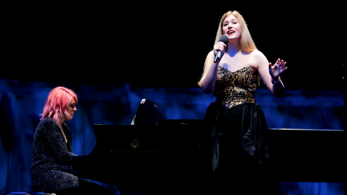 Samantha Shelton performing on the Palladium stage in Carmel, Indiana.