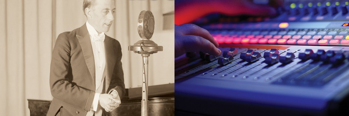 A man dressed in a formal suit speaking into a 1920s era microphone contrasting with a sound board used in a 2020s era recording studio